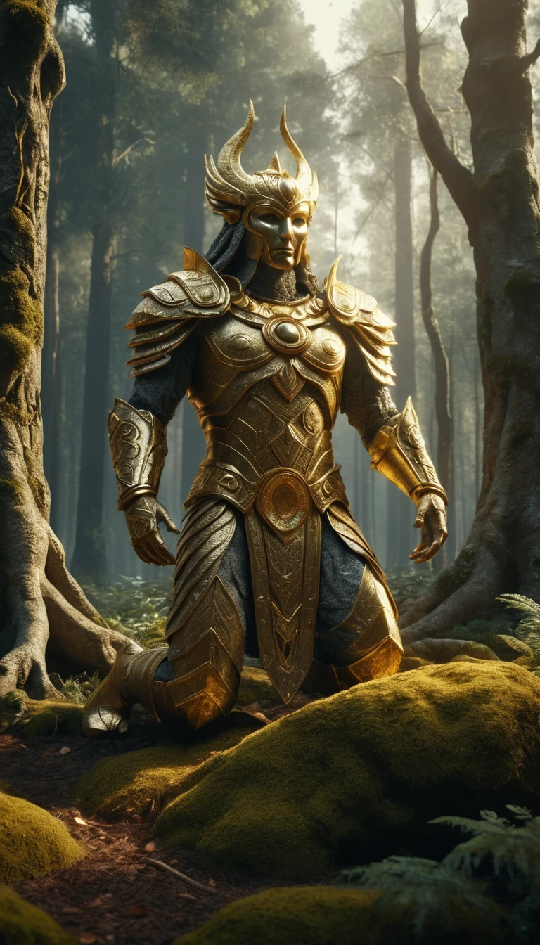 Ancient stone guardian unleashing golden magic in forest