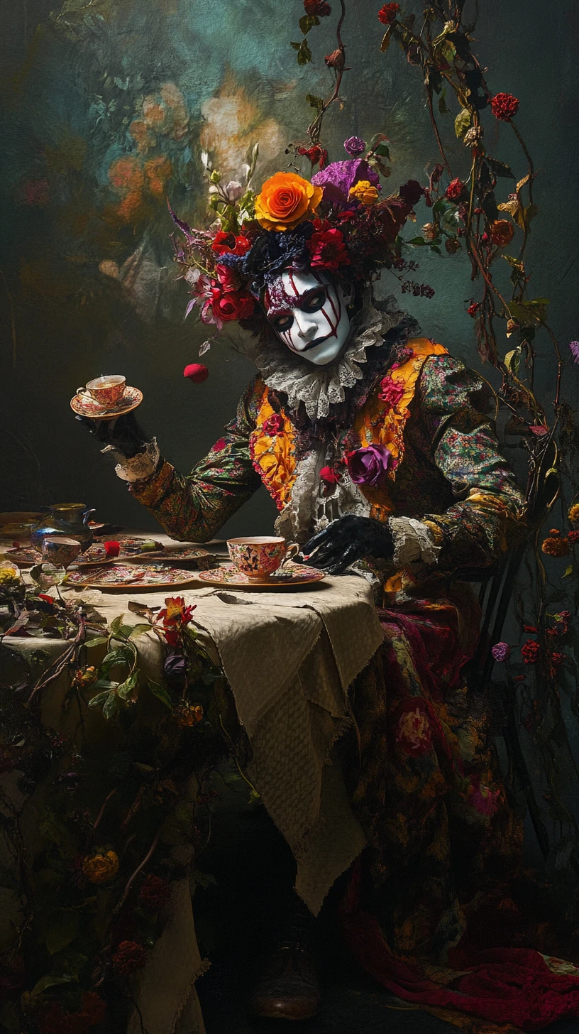Eccentric man at a long floral covered table in surreal tea scene