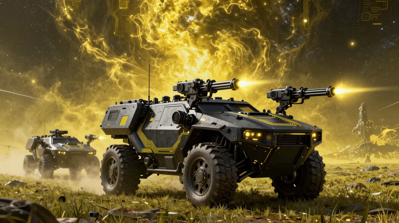 Futuristic armored vehicles charging across alien terrain
