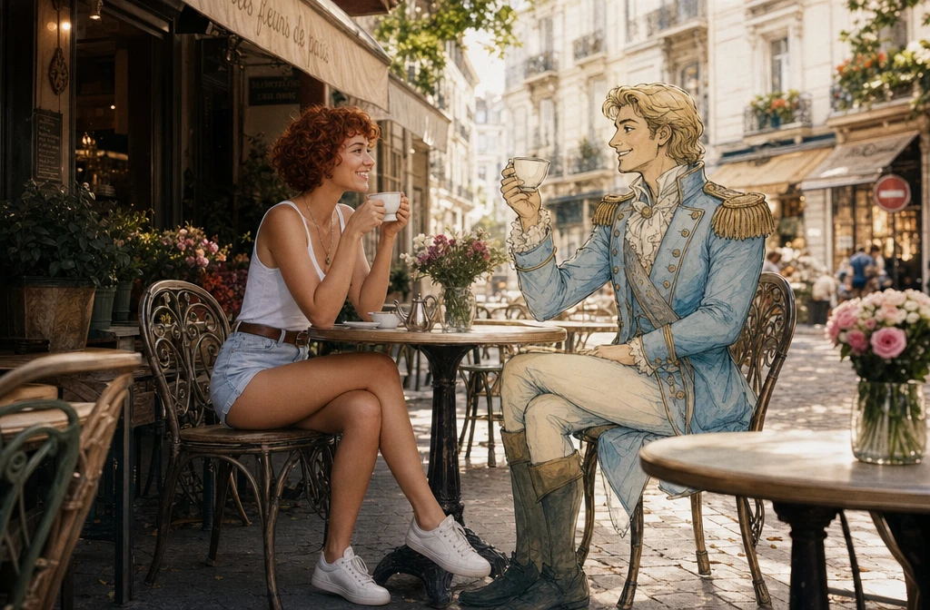 Girl at paris street cafe with drawn fairy tale prince