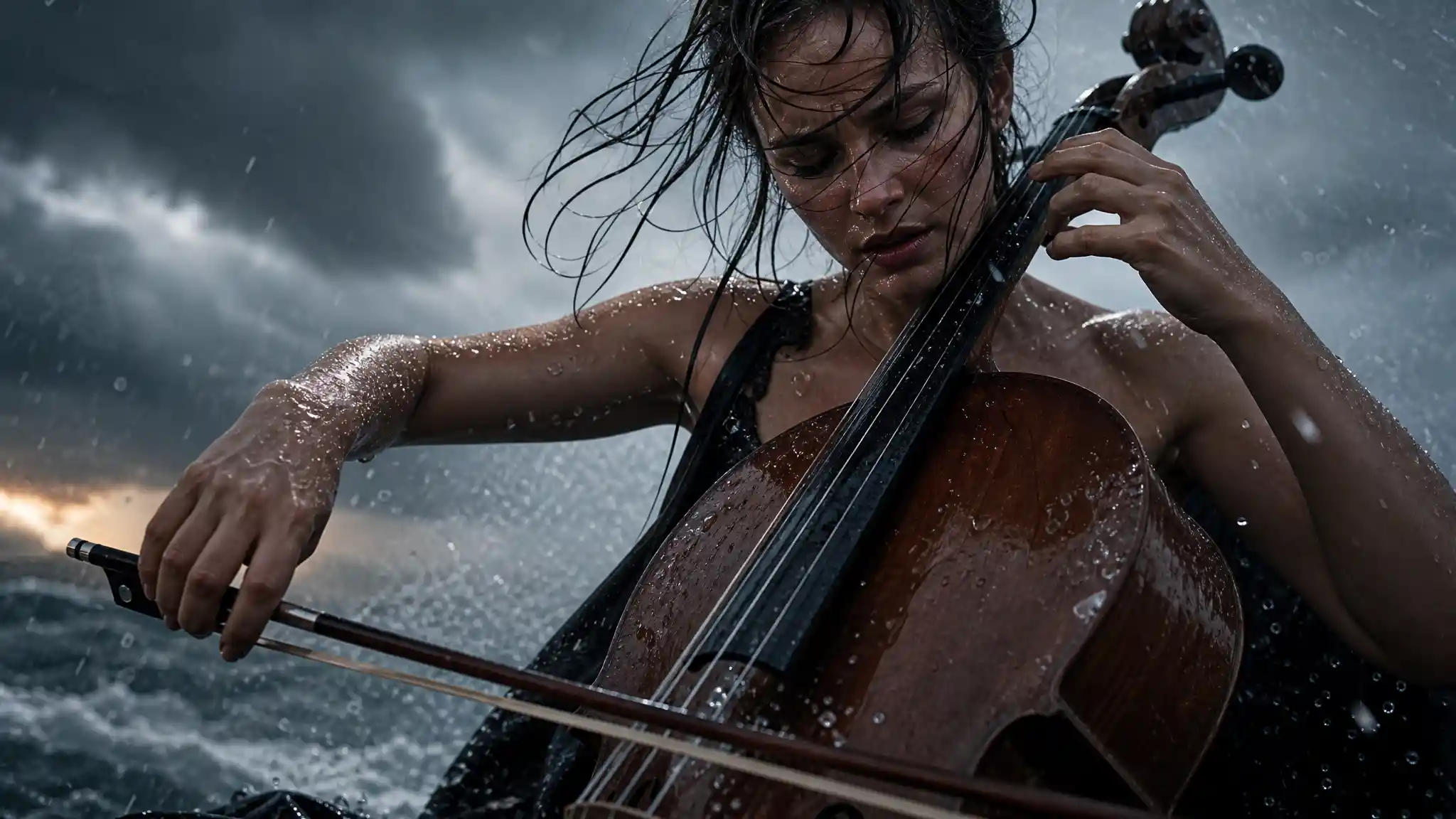 Intense woman playing cello by the sea in cinematic close up