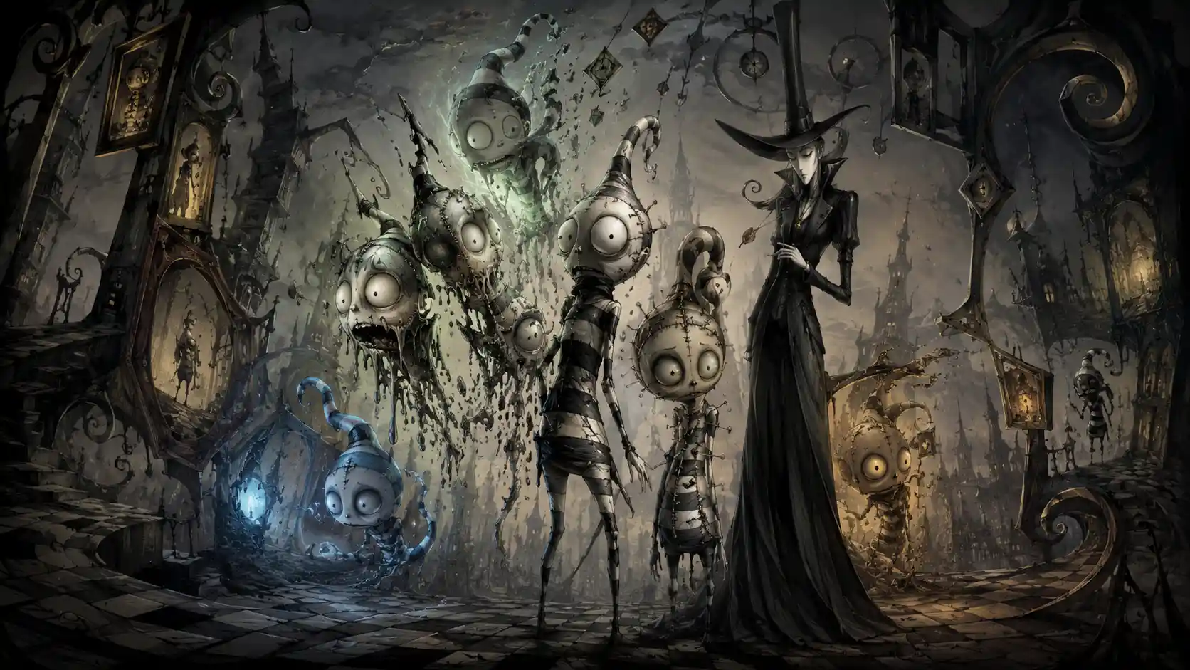 Striped creature splitting through fragmented surreal gothic space