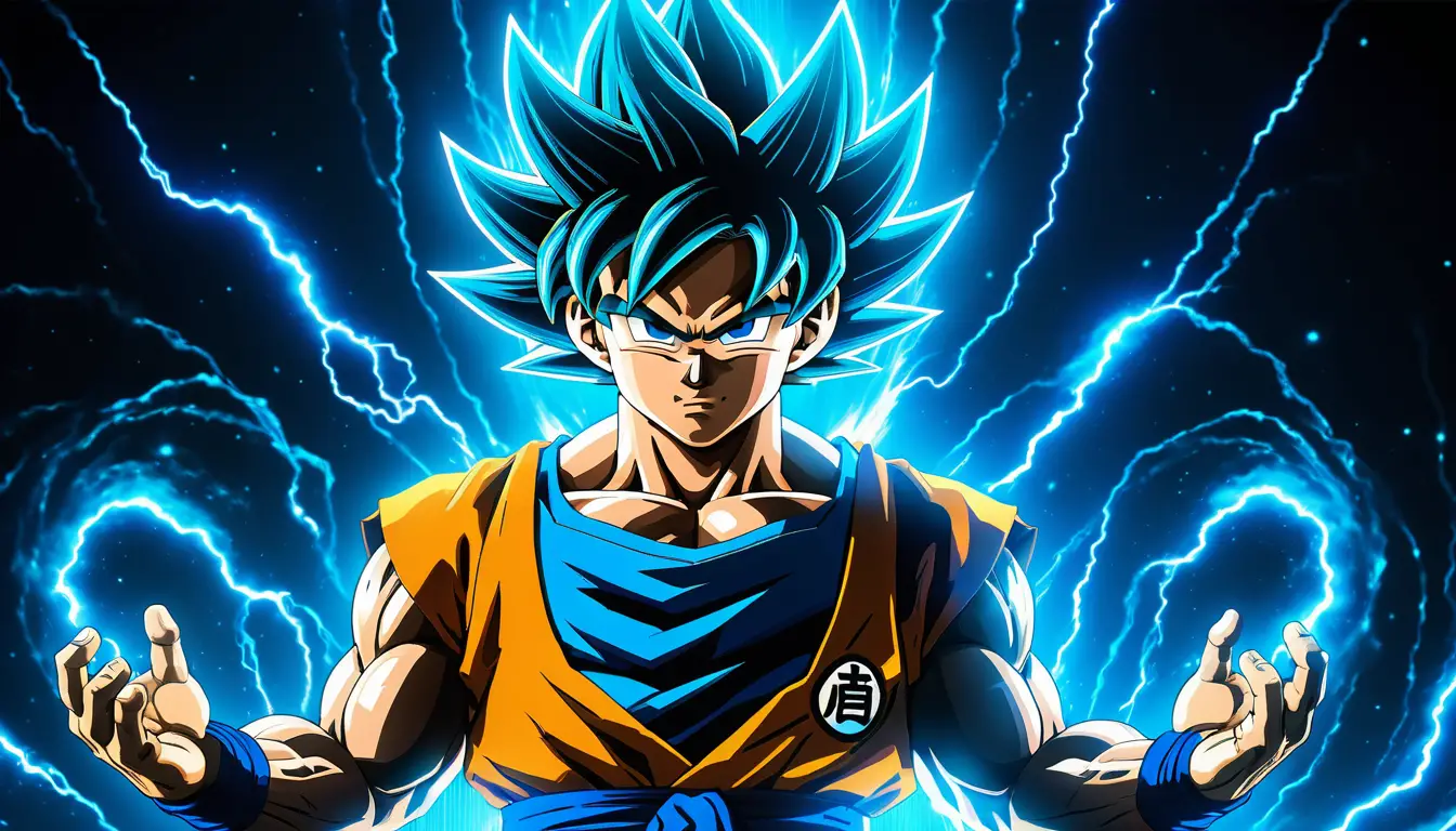 Guerriero anime con aura blu in un campo di battaglia cosmico