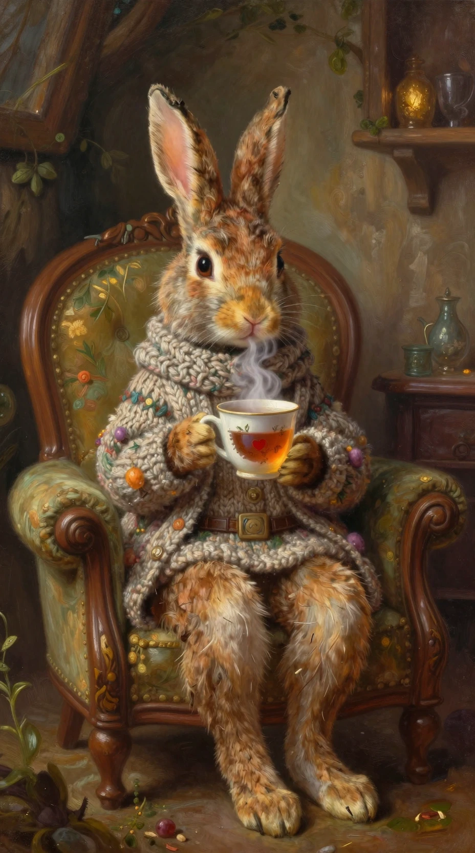 Wise rabbit guardian sipping tea in a cozy cottage