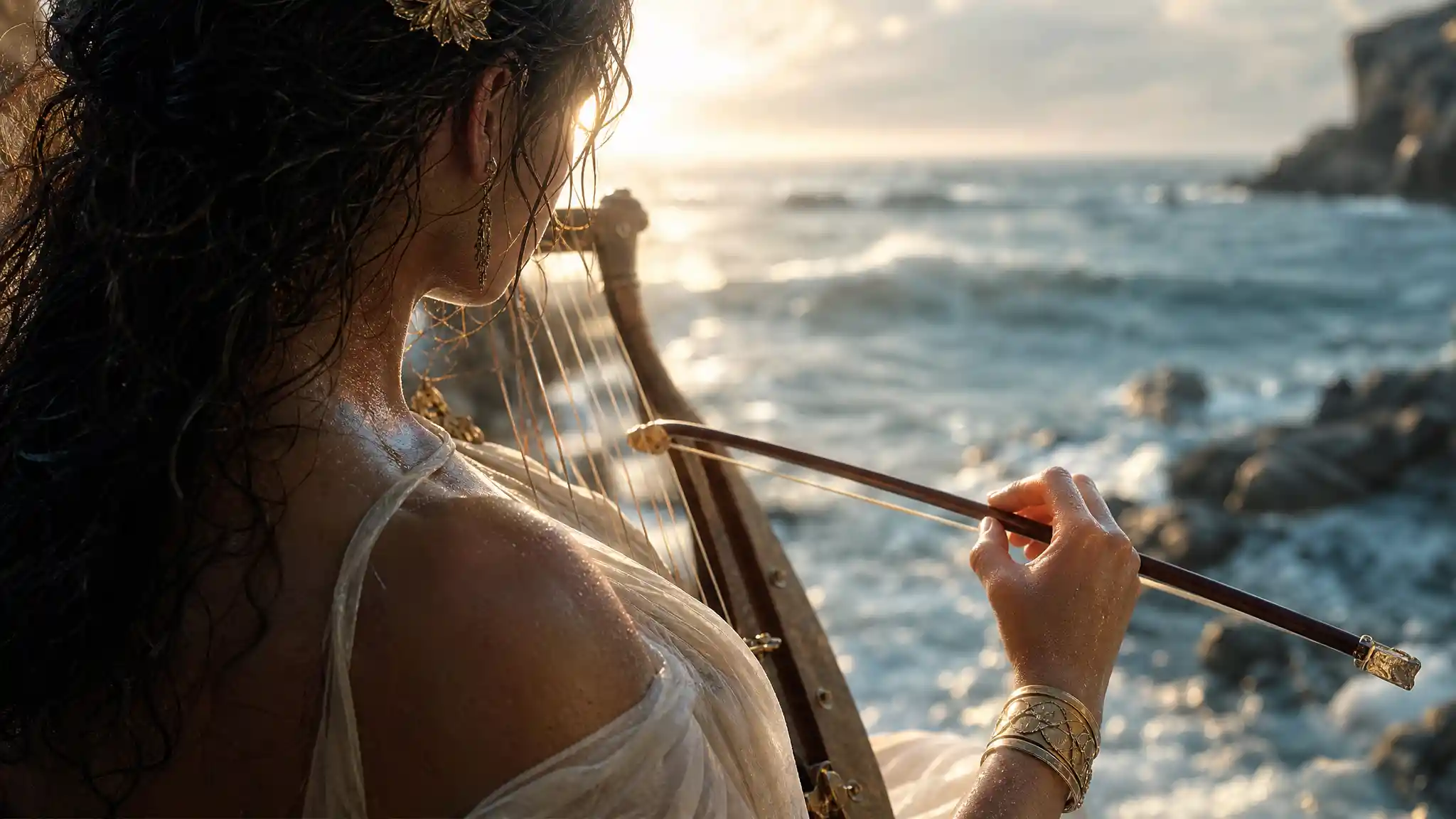 Over shoulder view of a serene sea goddess with bow