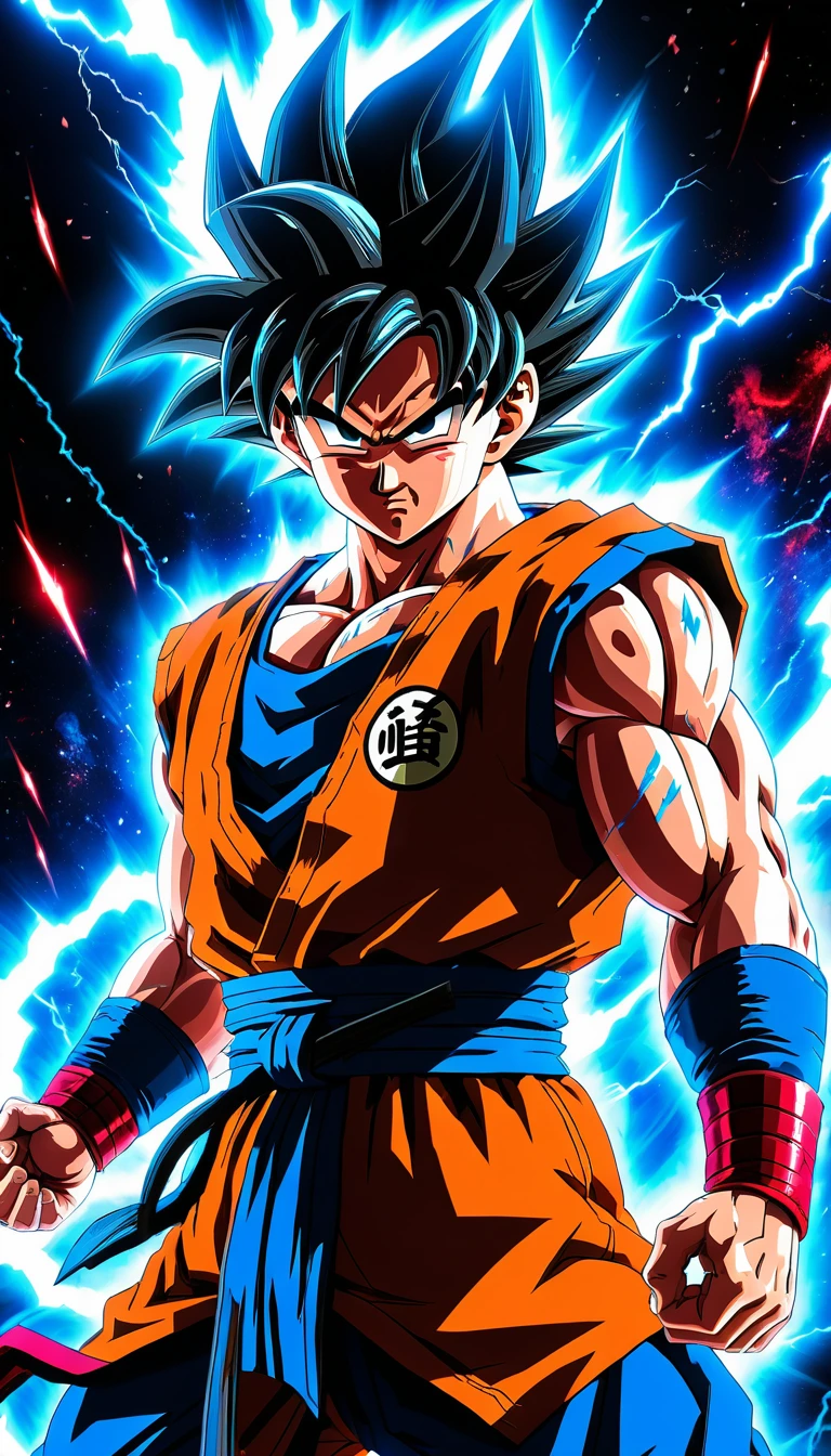 Anime warrior with blue and red energy in battle