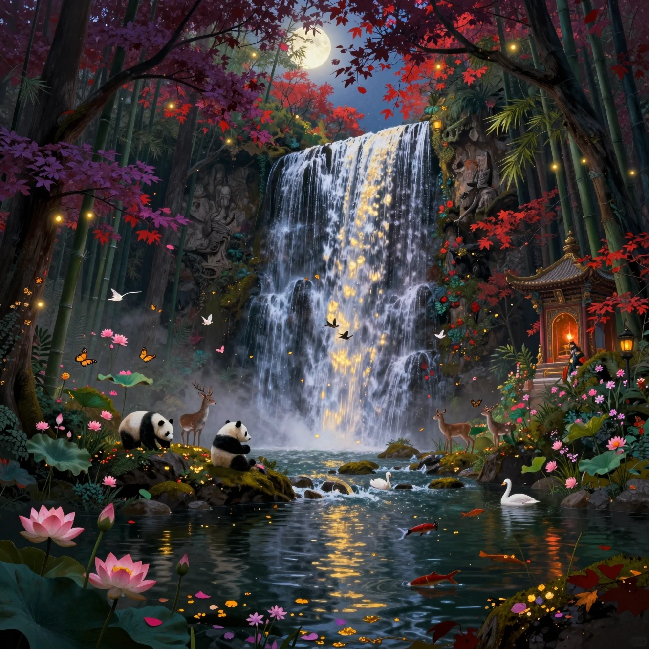 Enchanted Forest Waterfall With Shrine And Wildlife