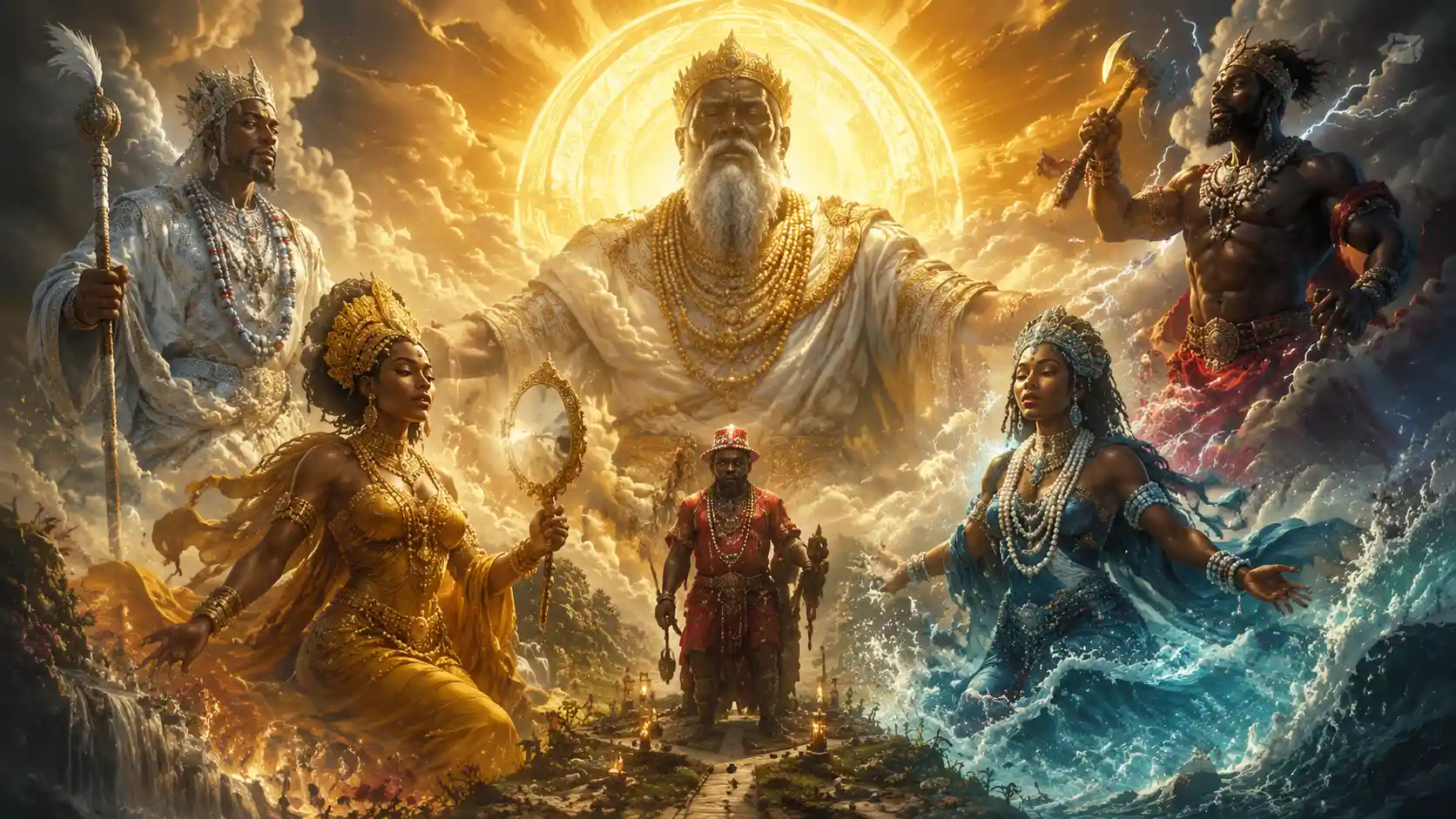 Olorun And Orishas Beneath A Radiant Cosmic Sun