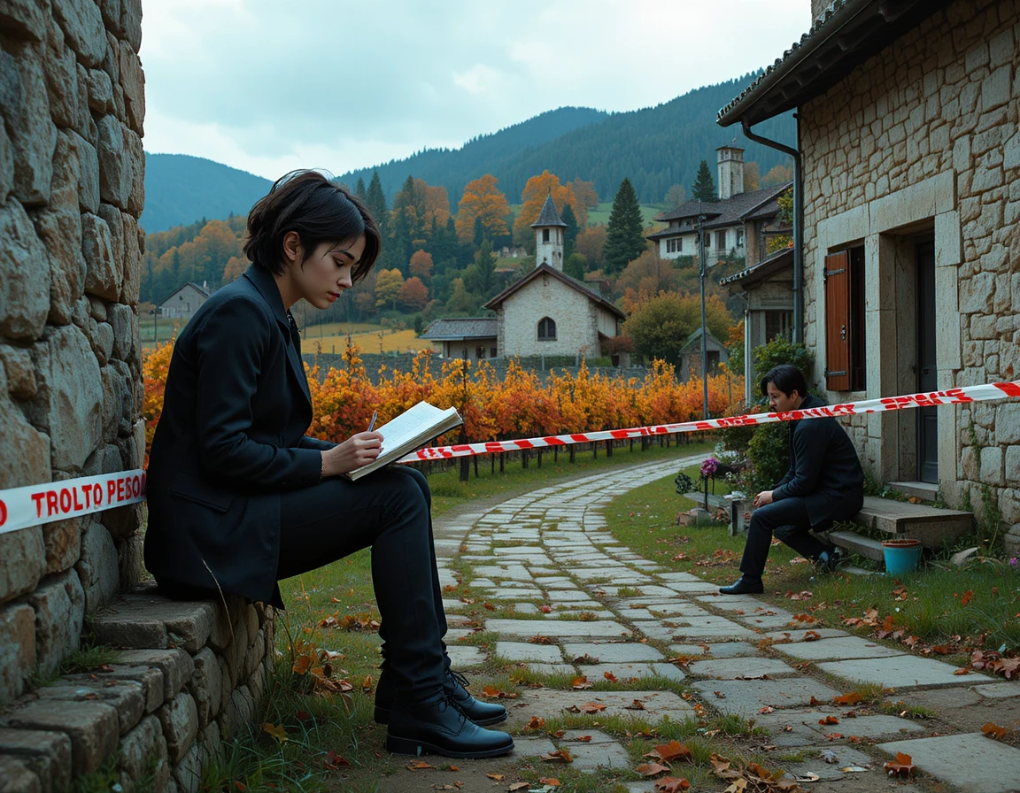 Woman taking notes at taped off rural stone house