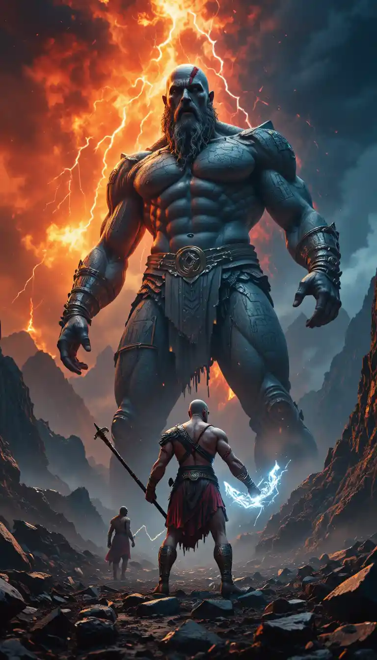 Mythic warrior facing a colossal lava titan in battle