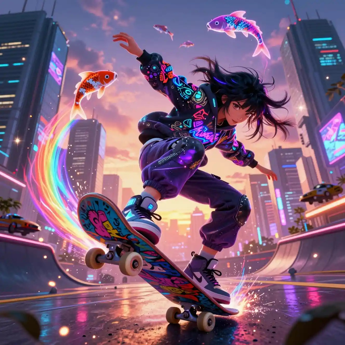 Cyberpunk skater girl flying above neon futuristic skatepark