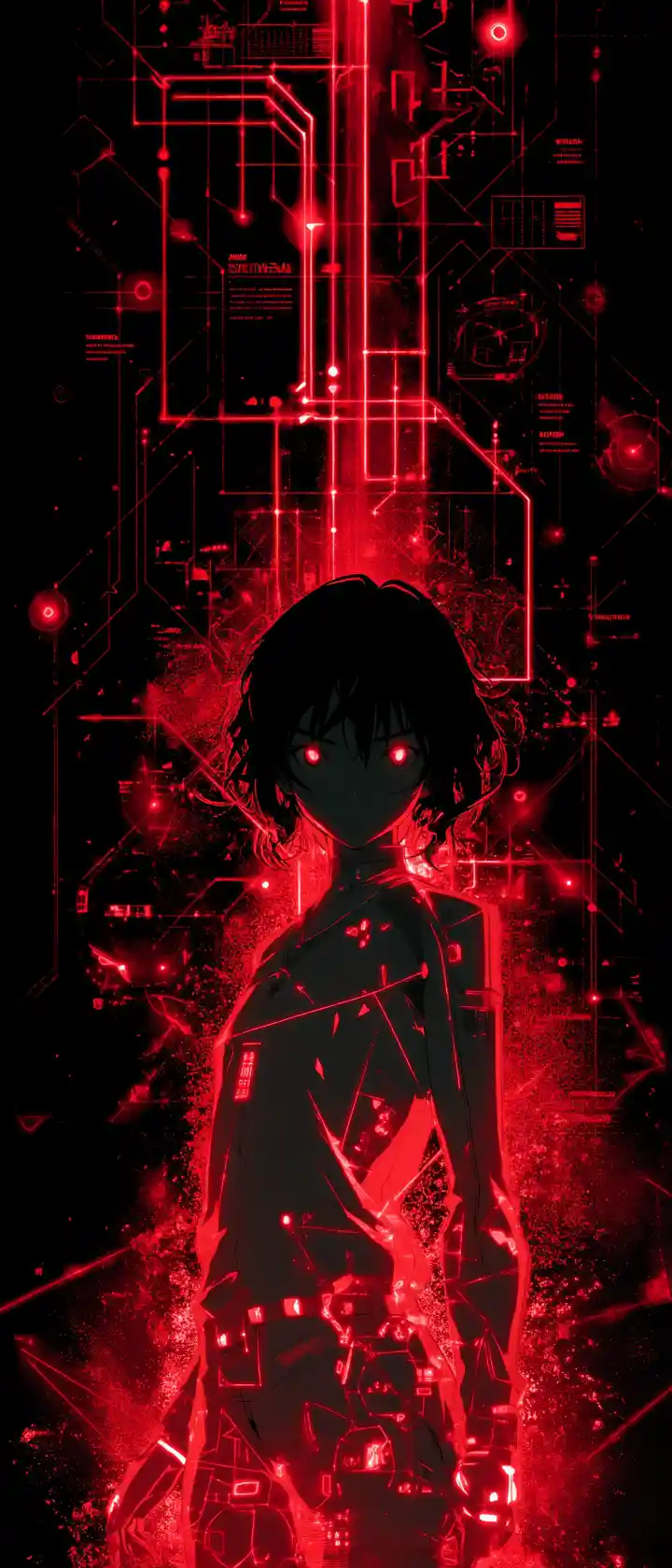 Anime detective in dark room with glowing red clues
