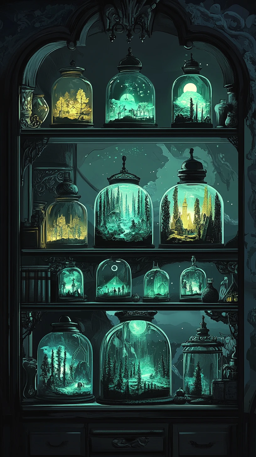 Tall figure arranging glowing miniature worlds in glass jars