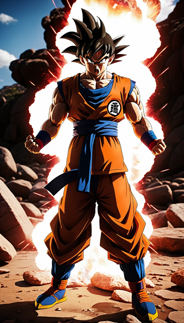 Martial artist unleashing crimson energy in rocky wasteland