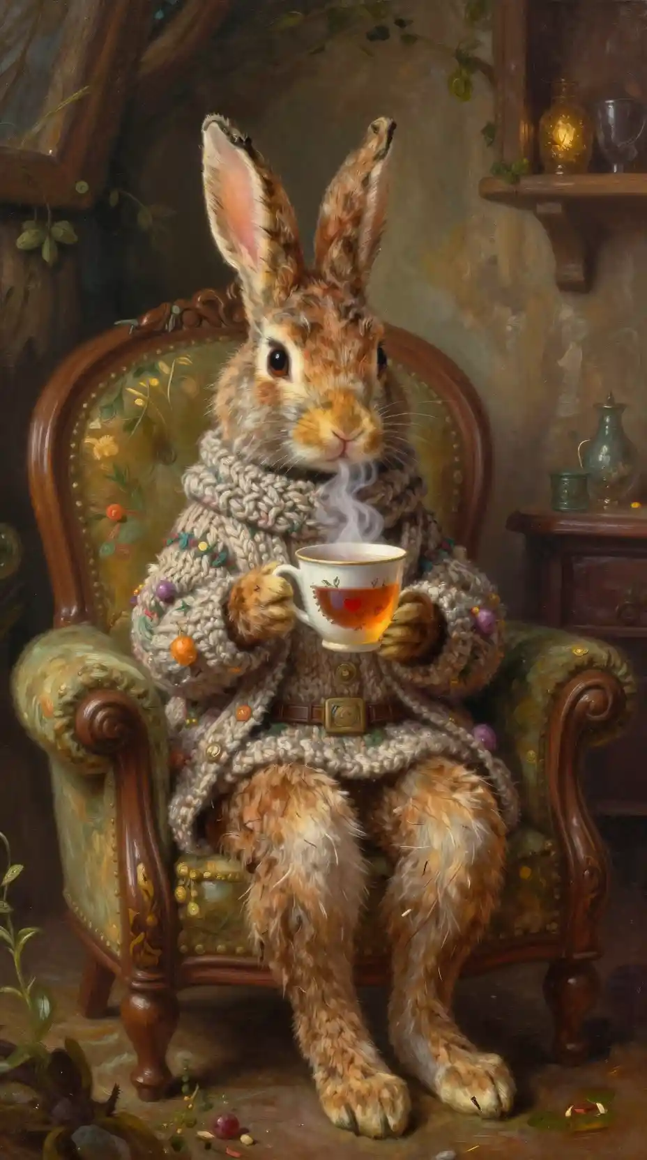 Wise rabbit guardian sipping tea in a cozy cottage