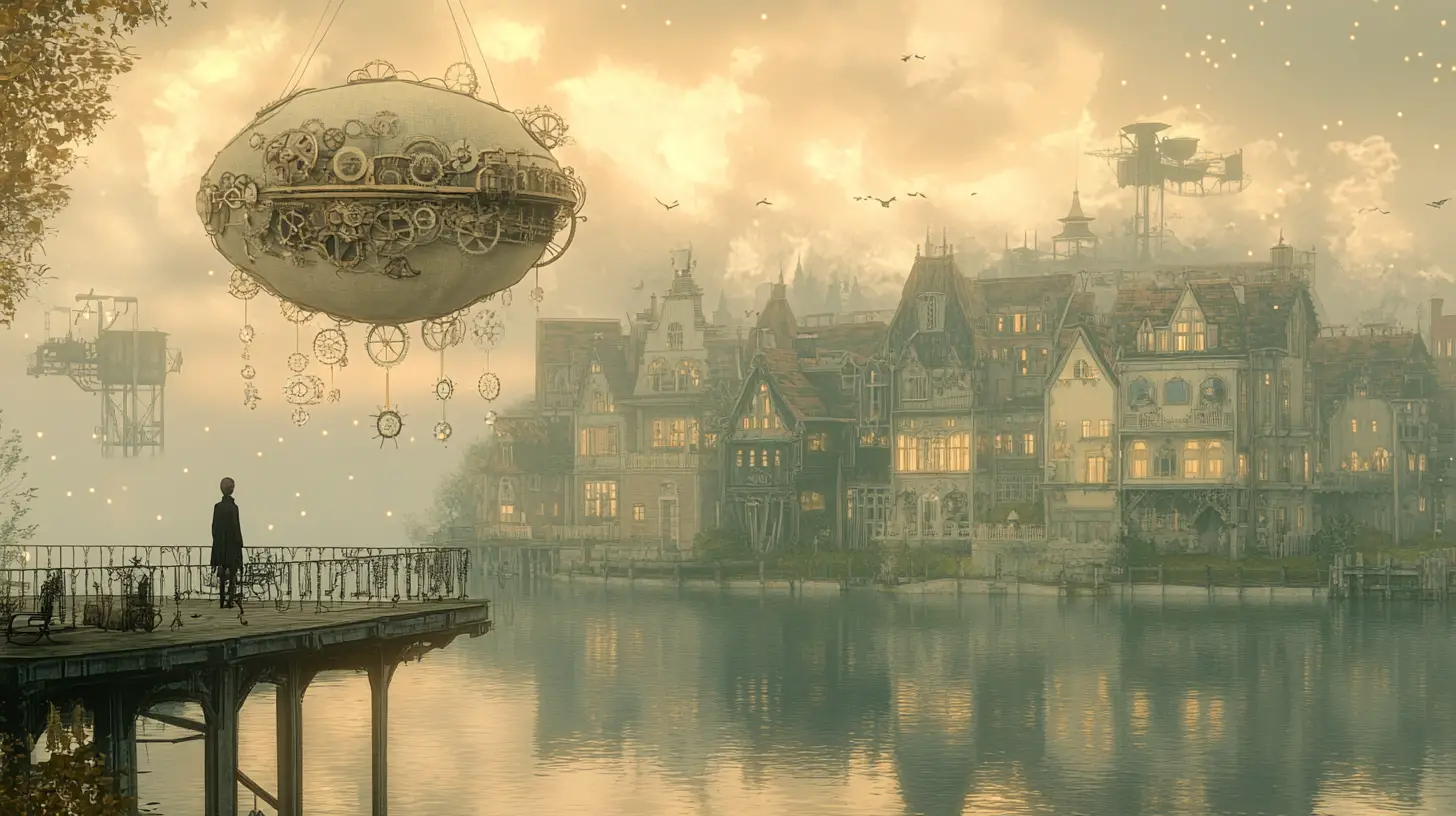 Lone figure on dock facing pastel steampunk town