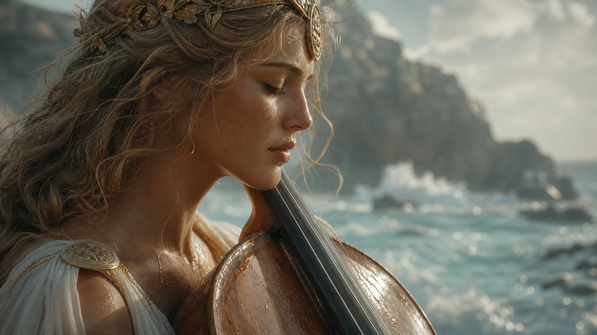 Calm sea goddess profile with cello in soft cinematic light