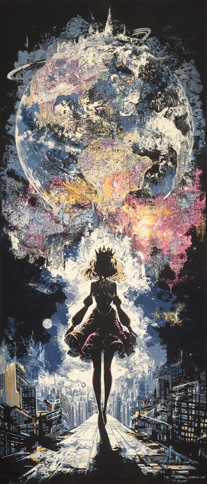 Anime queen on balcony beneath vast dreamlike crown map