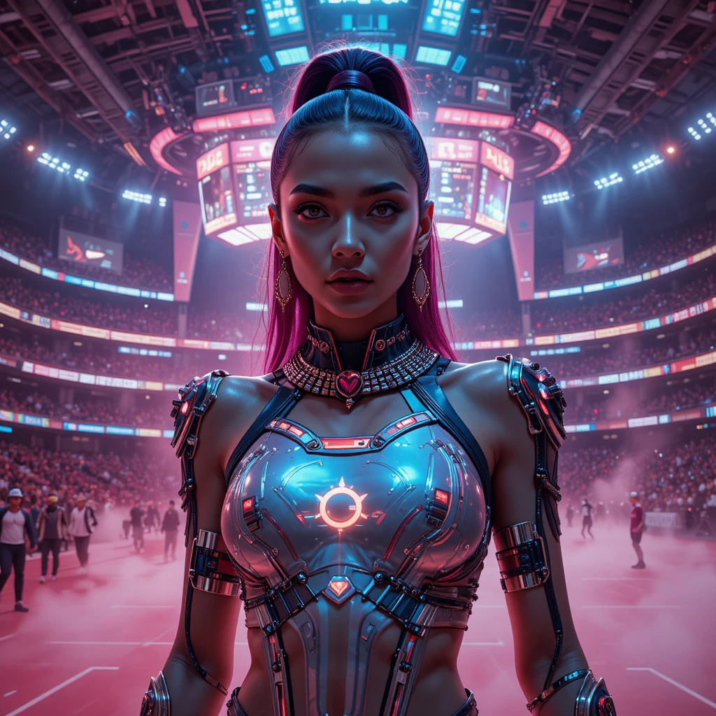 Confident athlete in neon cyberpunk handball arena
