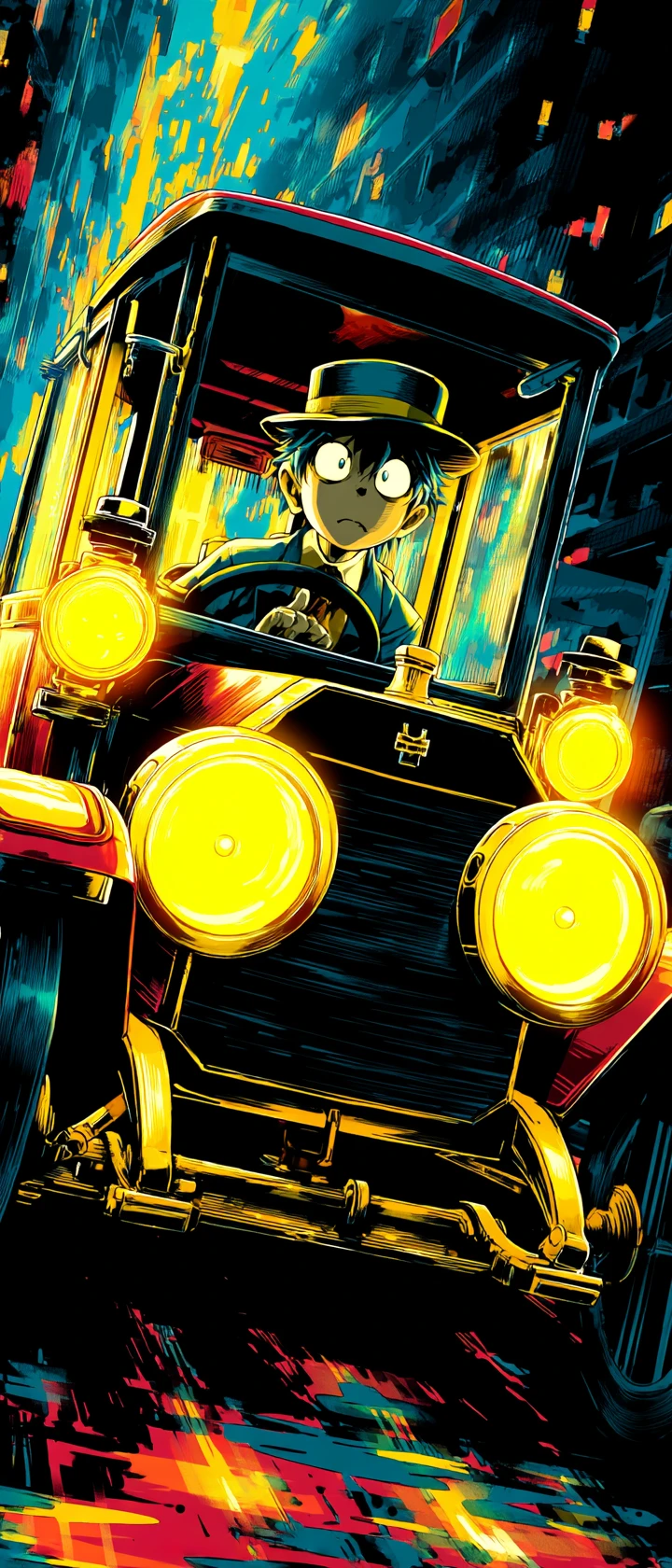 Stressed anime taxi driver arguing with a sentient cartoon cab