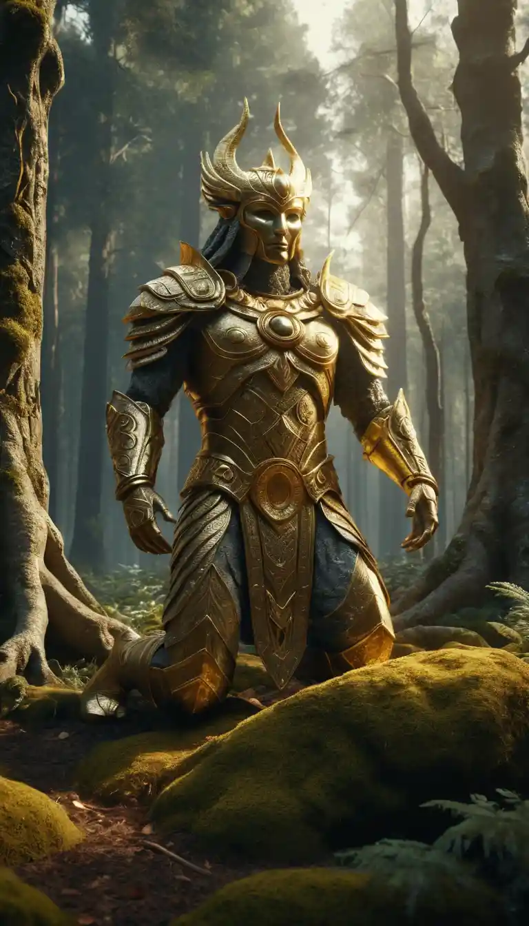Ancient stone guardian unleashing golden magic in forest