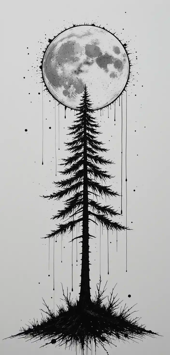 Minimalist ink drawing of a pine tree and moon