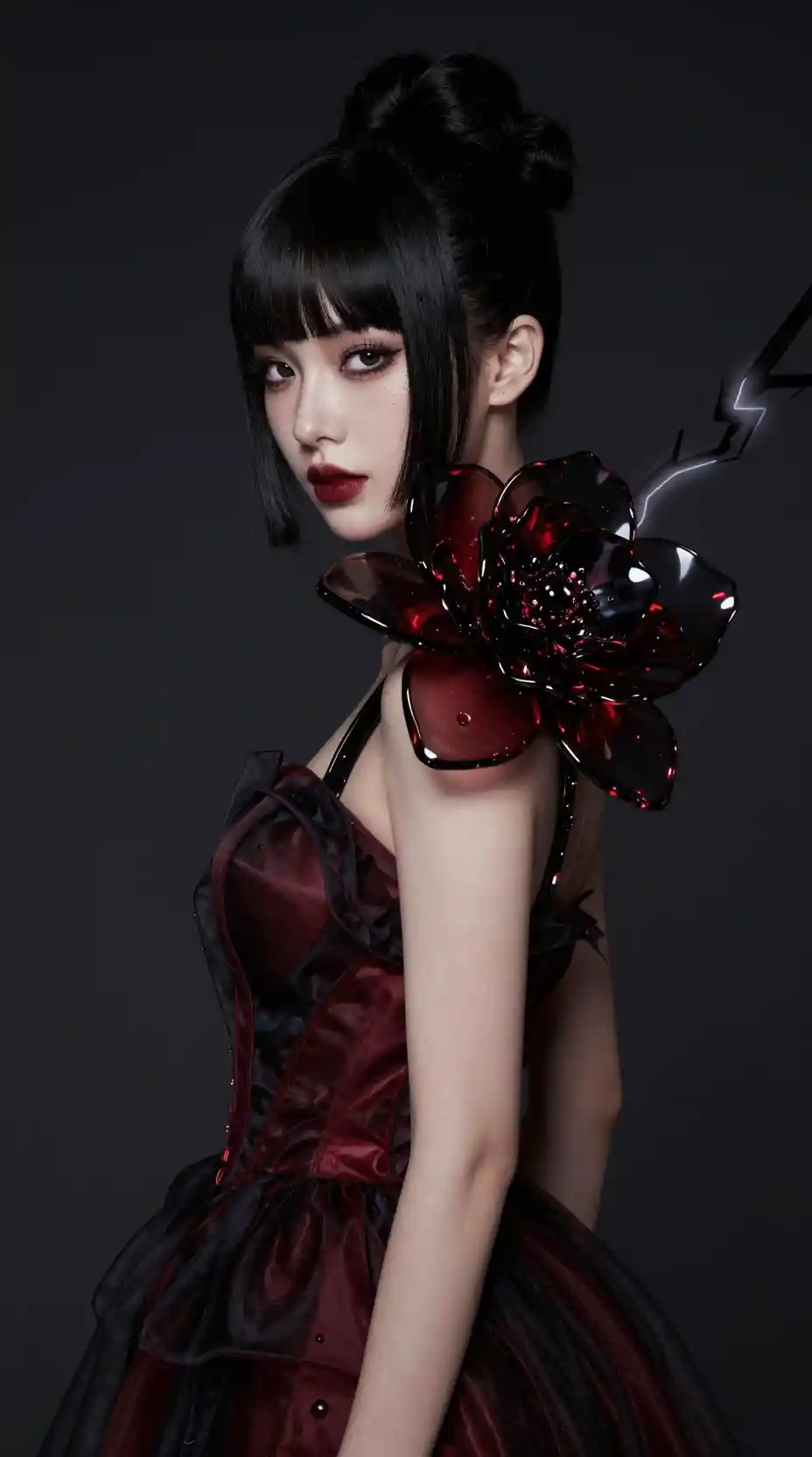 Glamorous woman portrait with ruby black floral dress