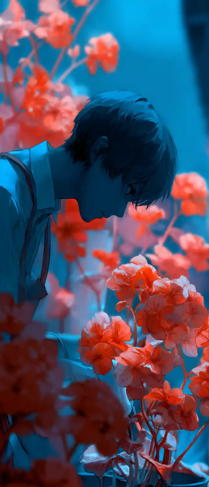 Anime florist awakening glowing flowers with gentle touch