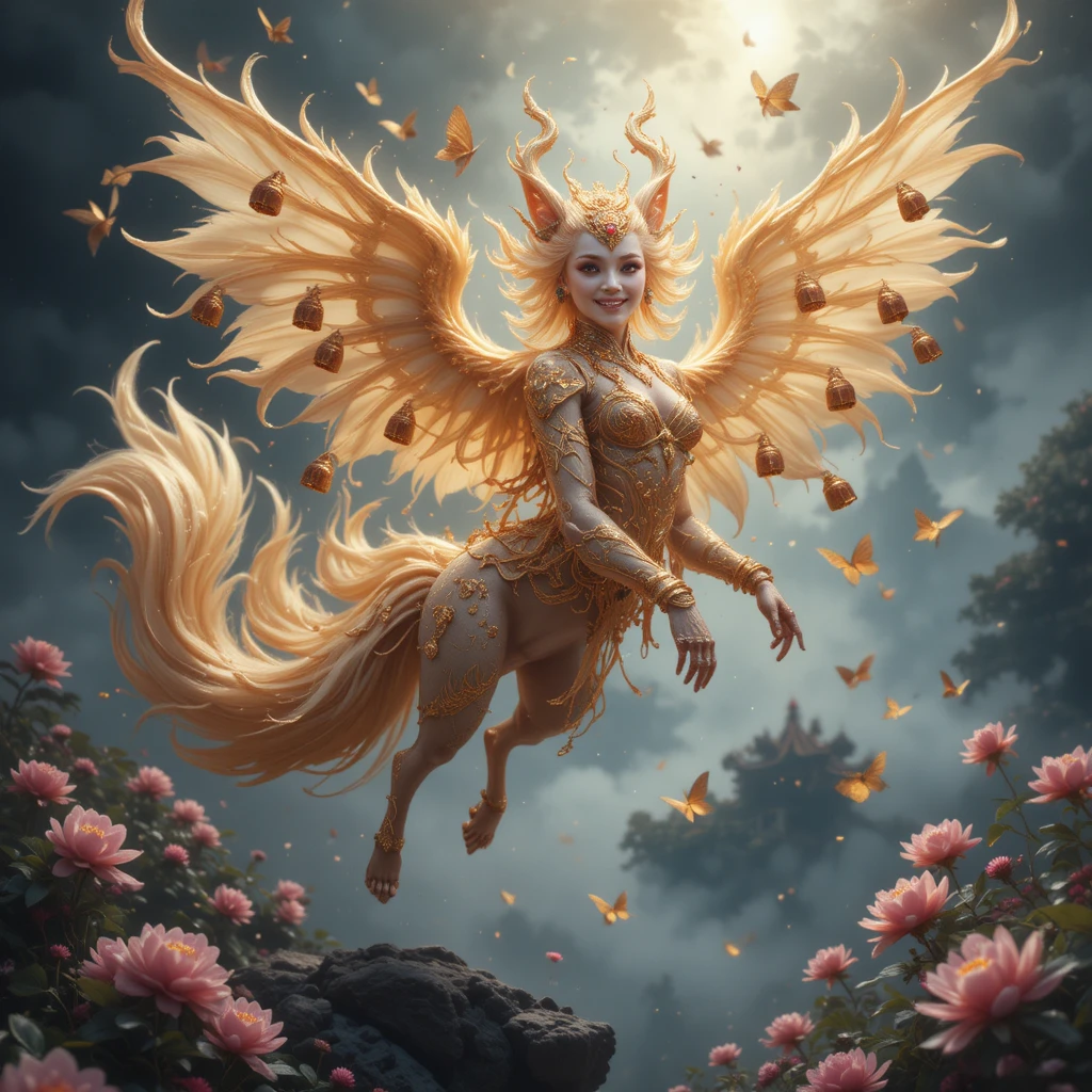 Winged nine tailed demon fox in ethereal fantasy sky