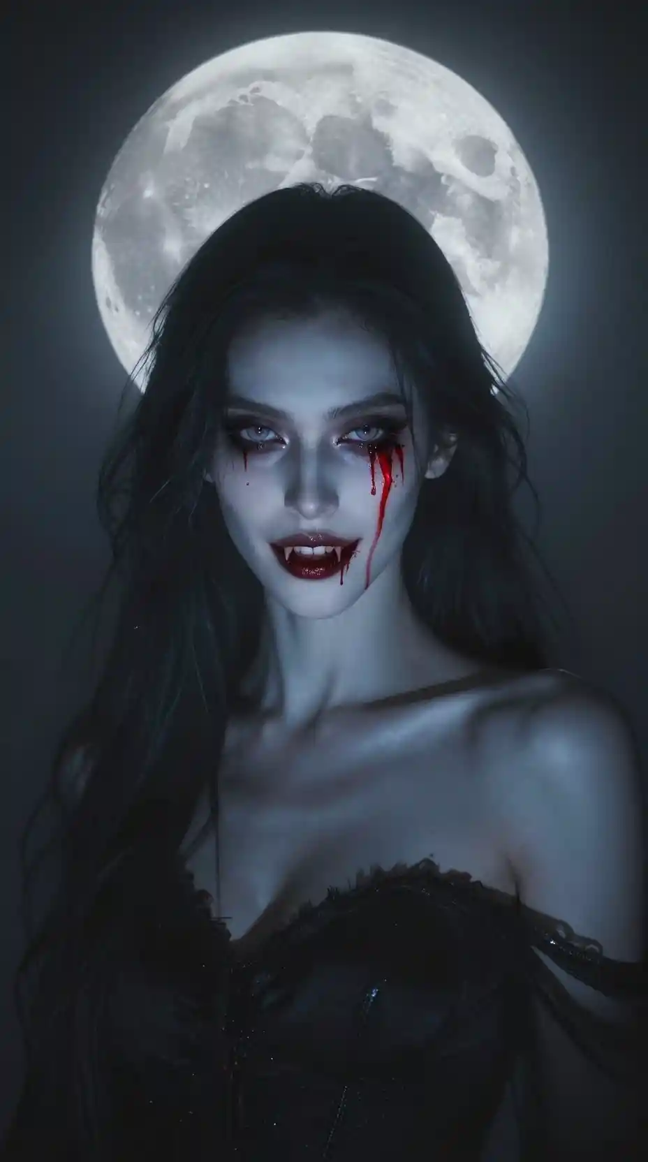 Pale vampire woman beneath a glowing full moon
