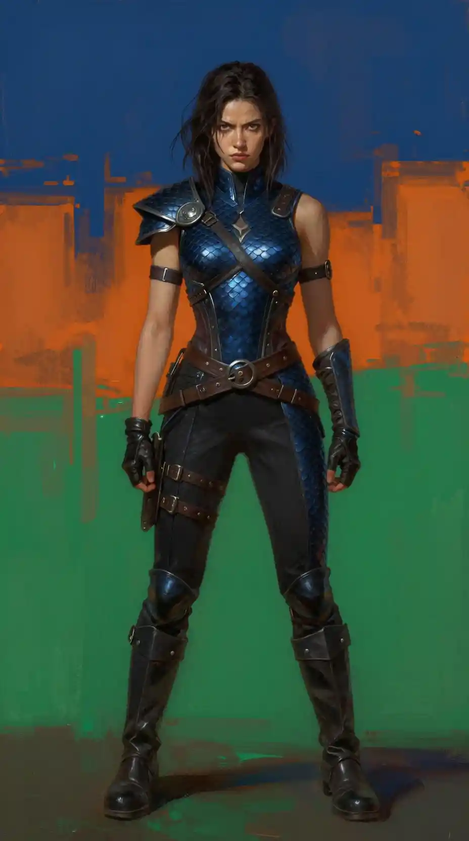 Armored fantasy warrior woman with intense direct gaze