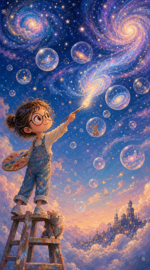 Child painting a glowing cosmic sky with swirling galaxies