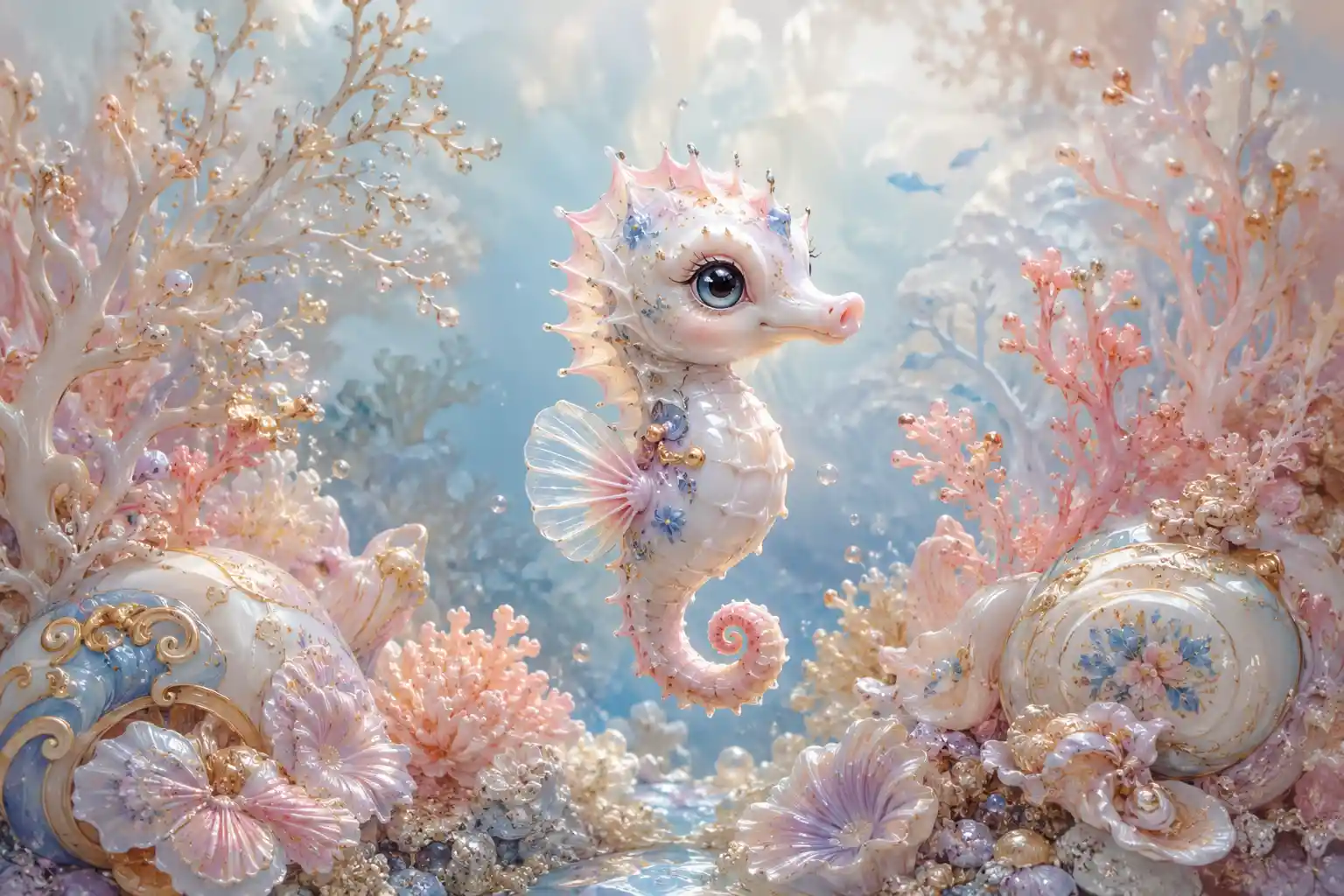 Cute baby seahorse illustration in glowing coral garden