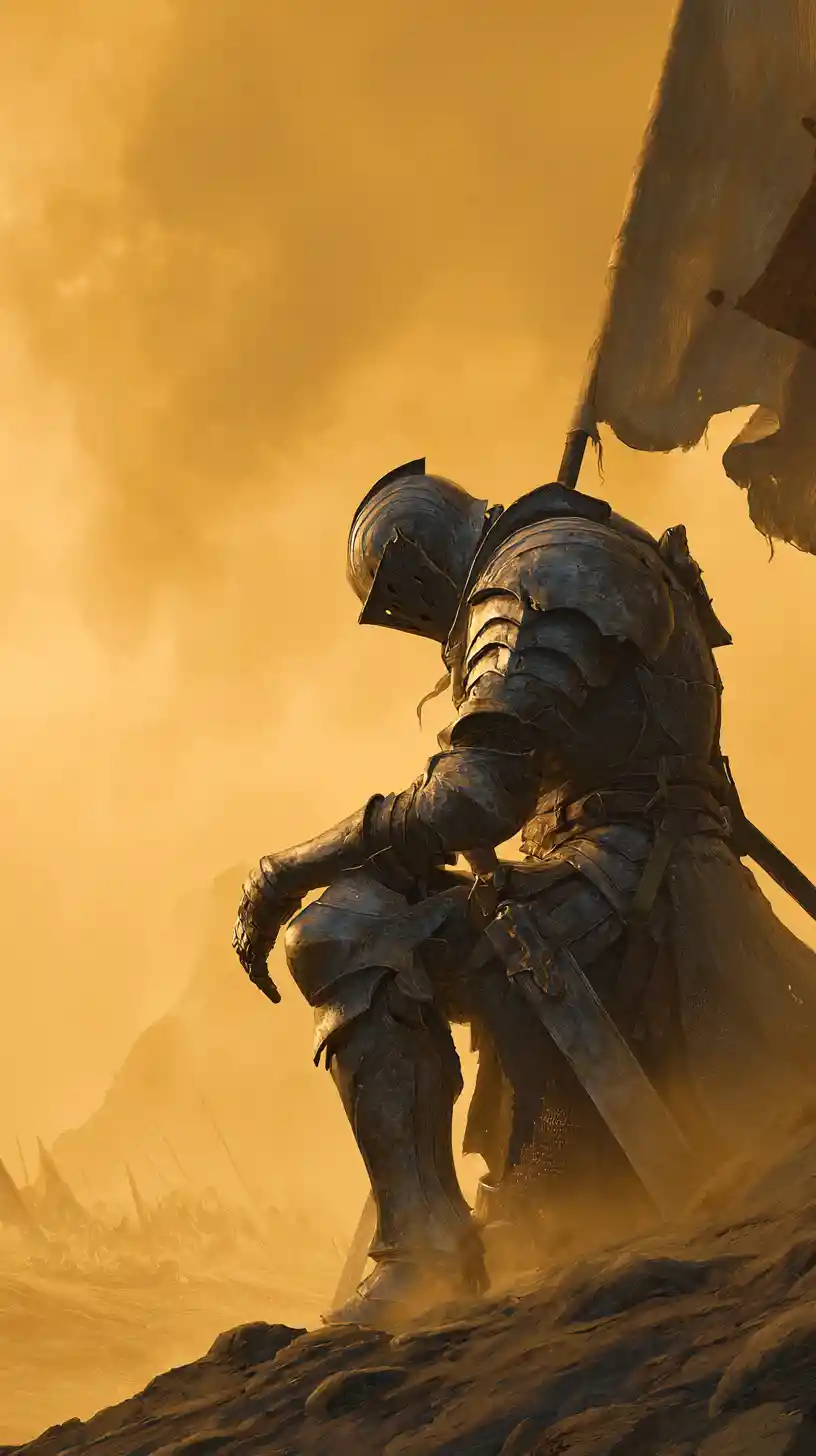 Armored paladin with burning flag on ruined fortress wall