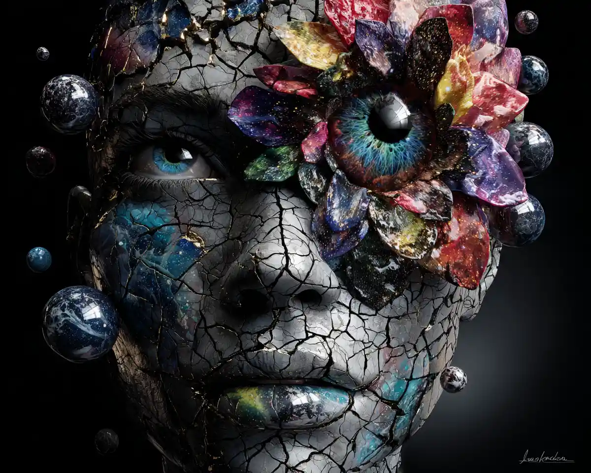 Surreal porcelain human face emerging from a dark void