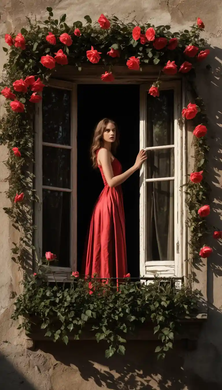 Young woman framed by red roses at an open window