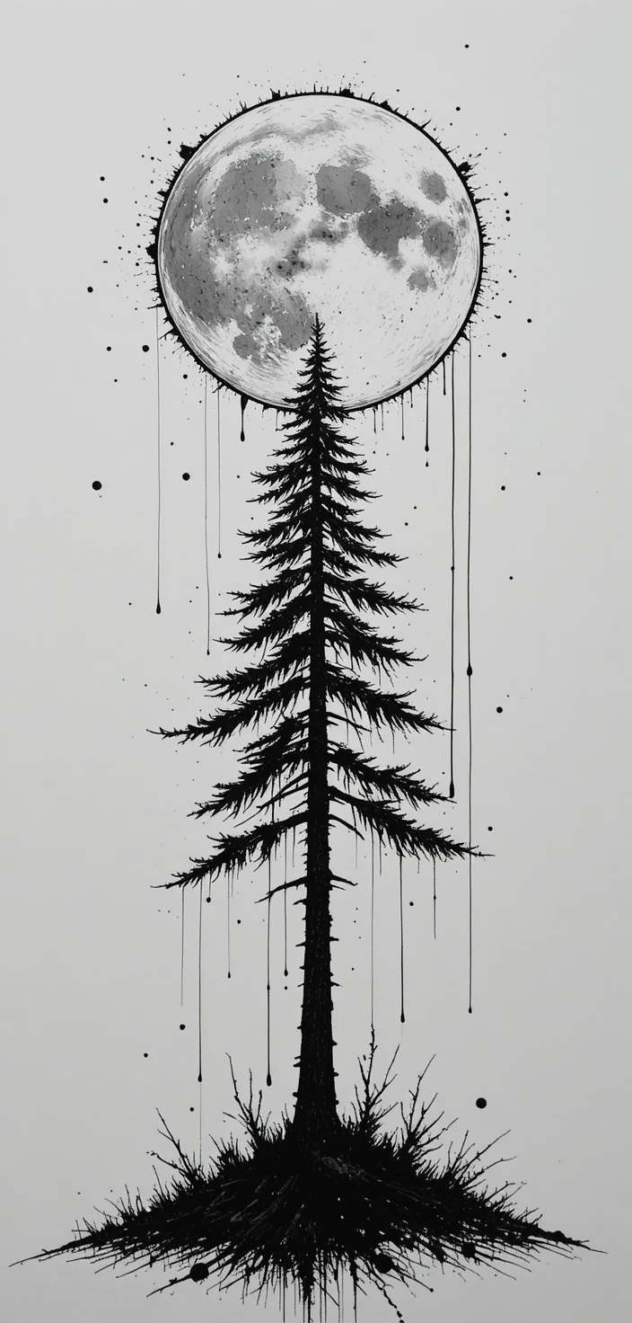 Minimalist ink drawing of a pine tree and moon