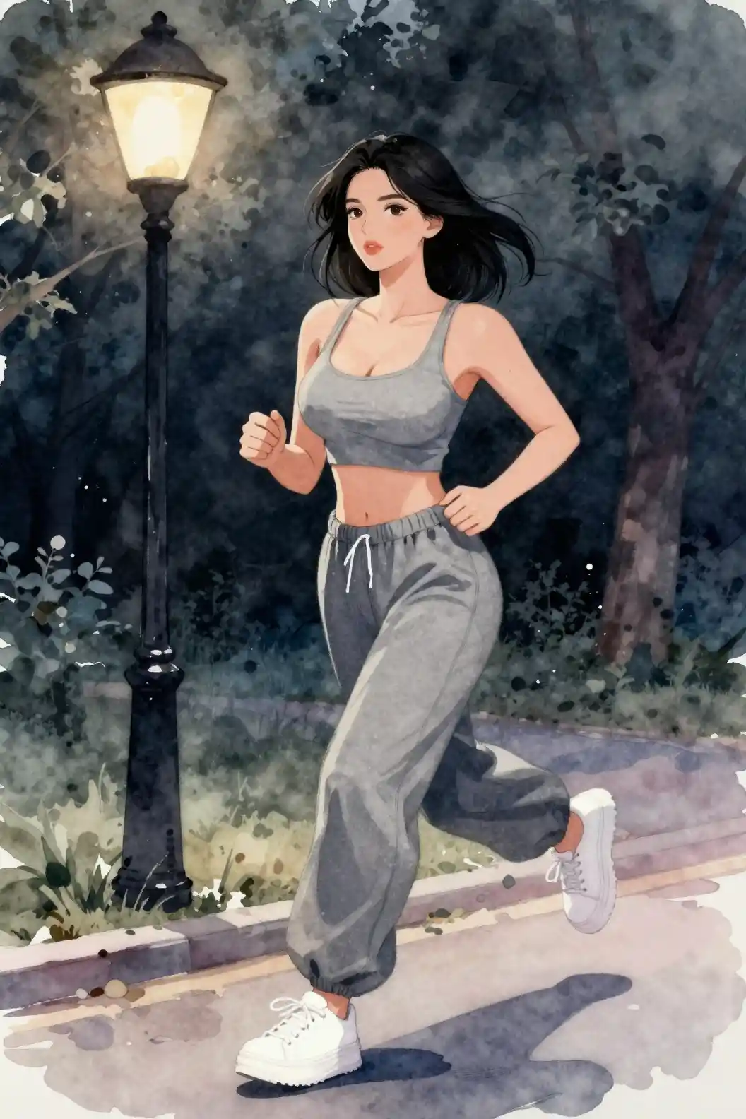 Curvy woman running in a park under soft night lights