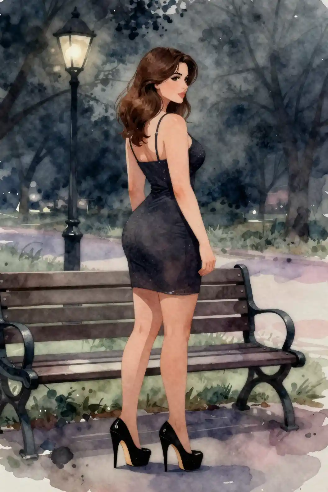Curvaceous woman in black dress by a park bench