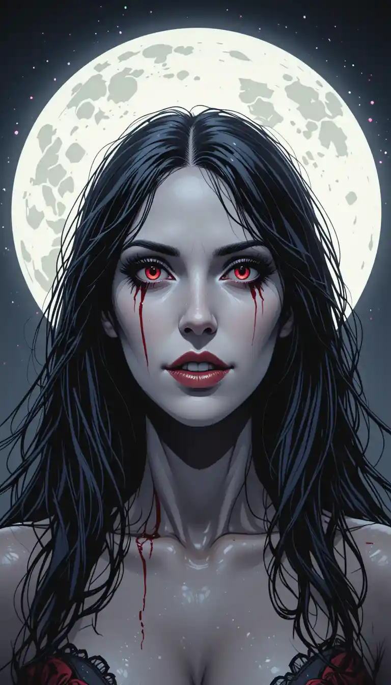 Pale vampire woman under a full moon with bloody fangs