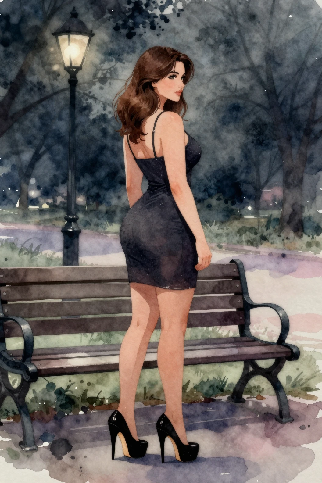 Curvaceous woman in black dress by a park bench