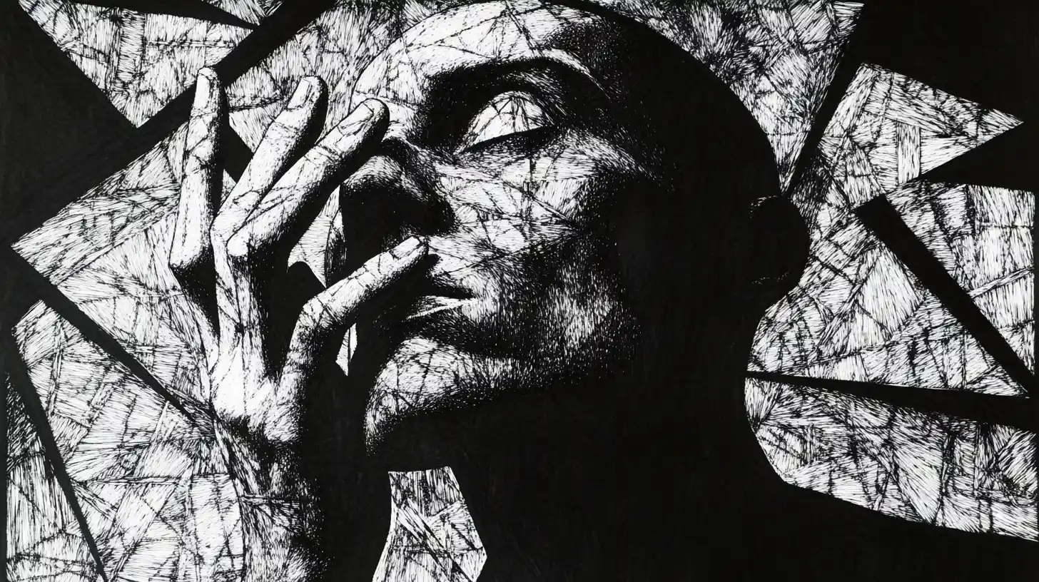 Gaunt male portrait in fragmented surreal ink composition