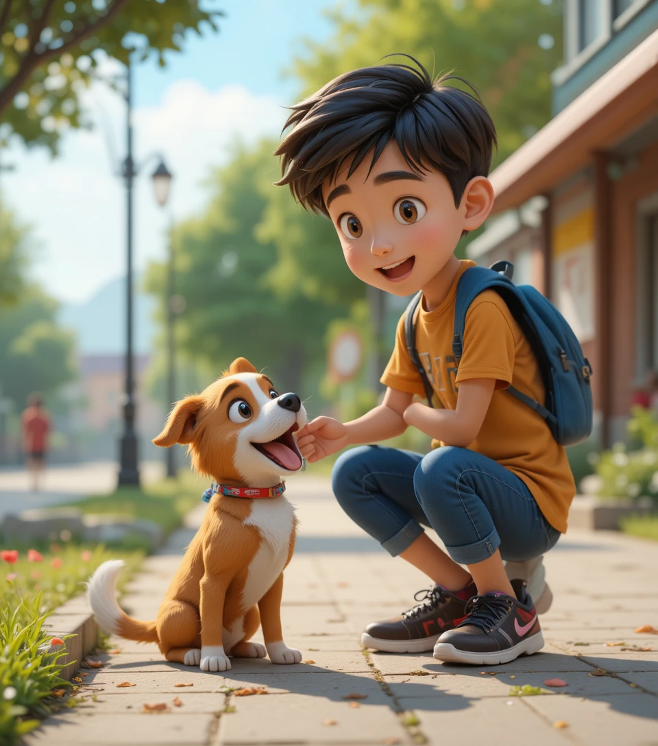 Boy helping a stray dog on a quiet roadside