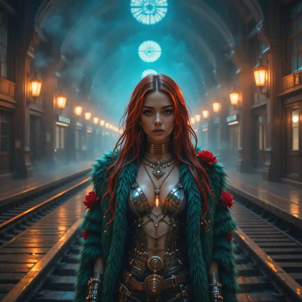 Cyberpunk heroine in emerald coat at futuristic rail terminal