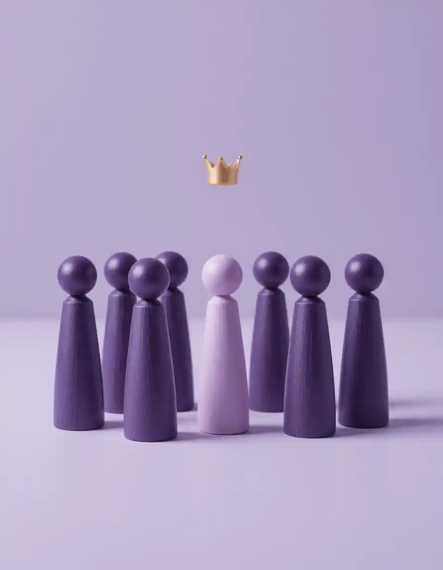 Minimal wooden figures in a purple leadership concept scene