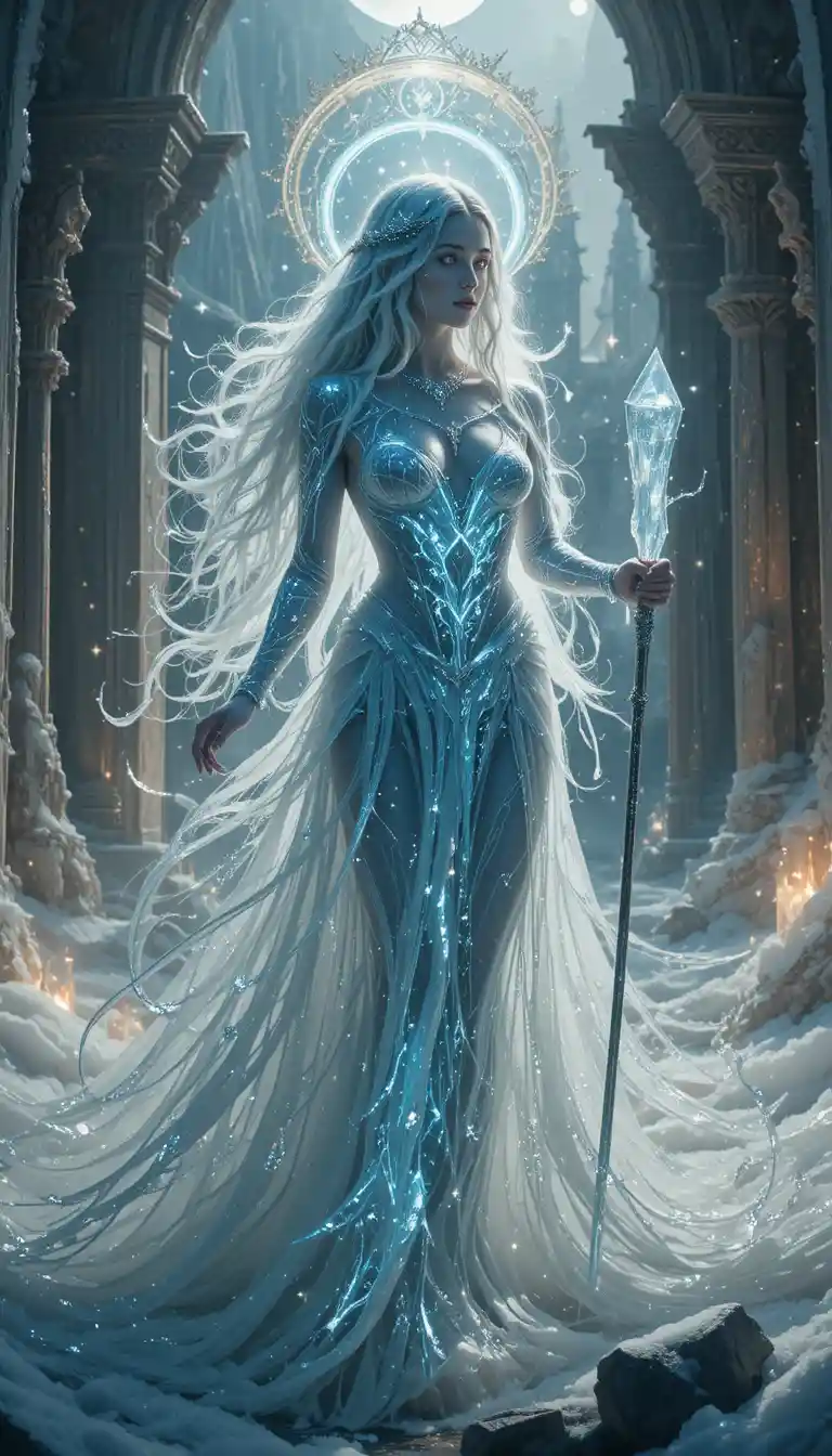 Mystical sorceress at the threshold of a crystalline realm