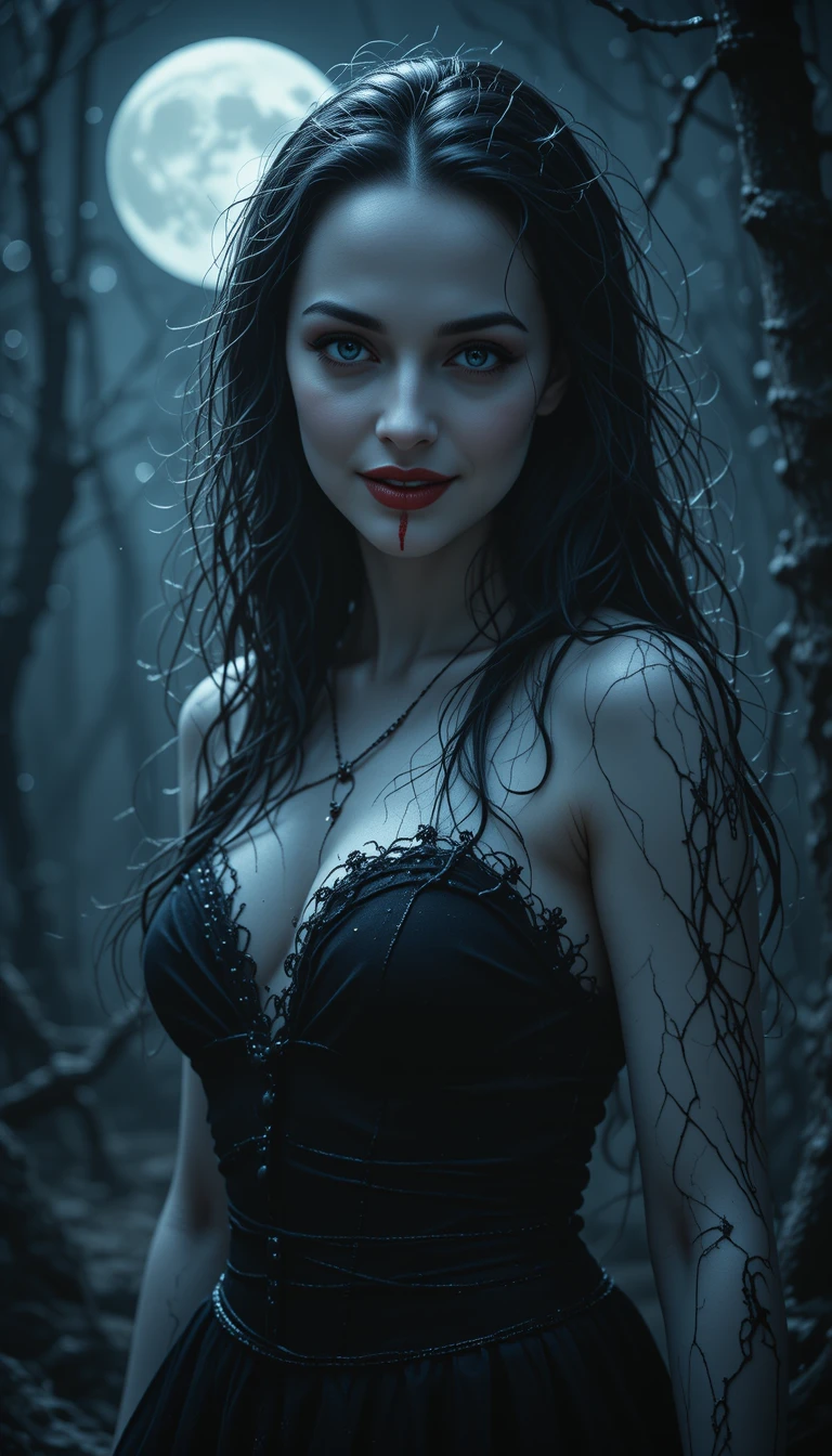 Pale vampire woman beneath a glowing full moon