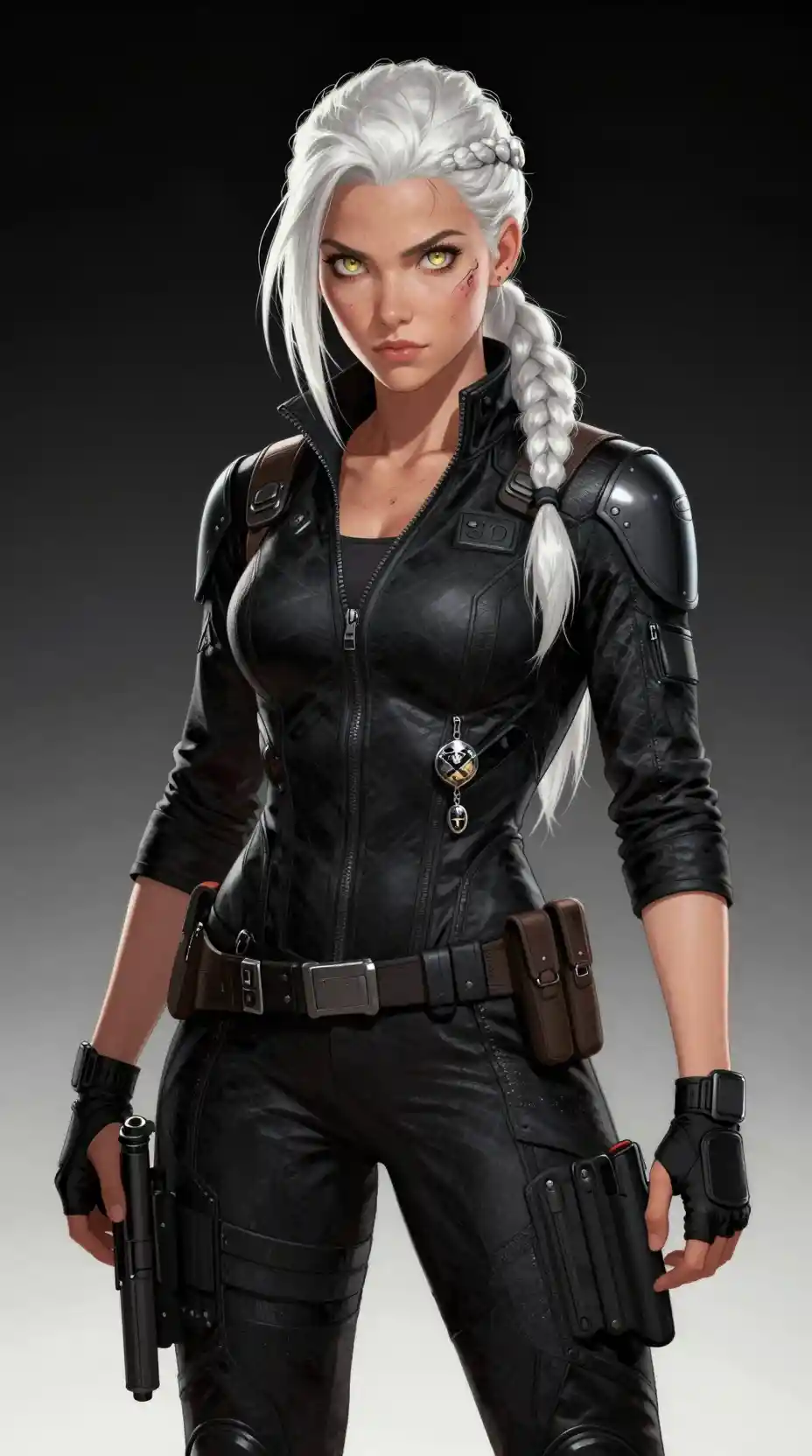 Psychic female bodyguard with white hair in tactical outfit