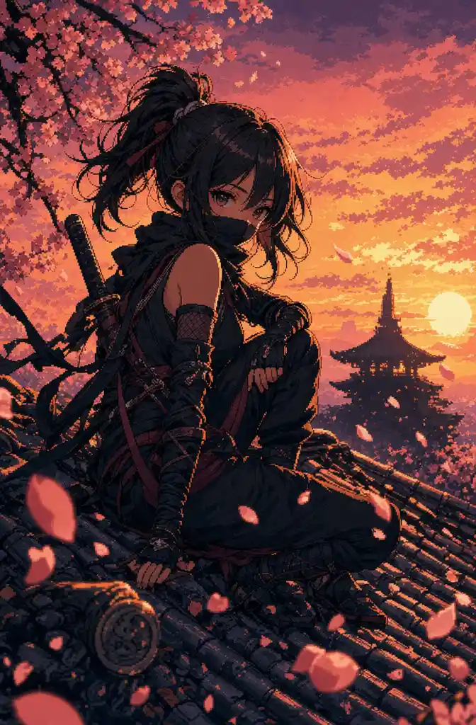 Anime ninja girl on a twilight Japanese rooftop