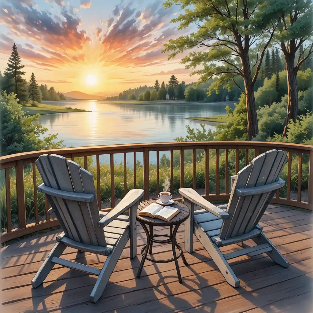 Watercolor sunrise over a quiet lake with deck chairs